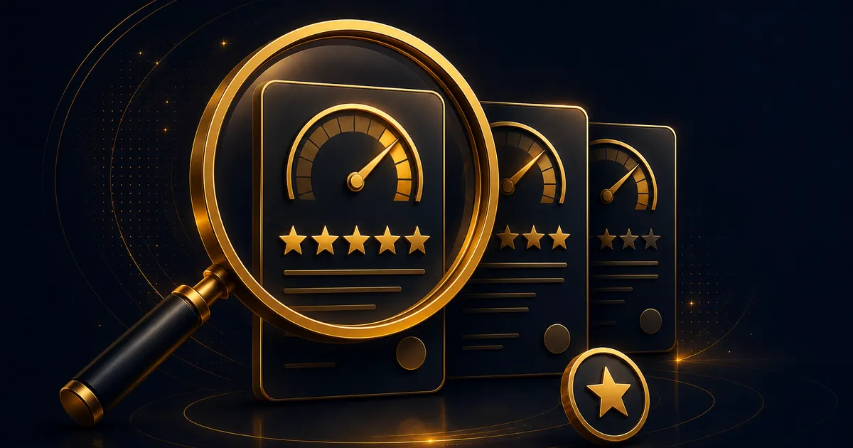 Lupa iznad kartica sa ocenama i zvezdicama — nezavisne recenzije